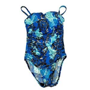 Robby Len One-Piece Swimsuit Blue Black Paisley Print Ruched Soft Cup Women's 10